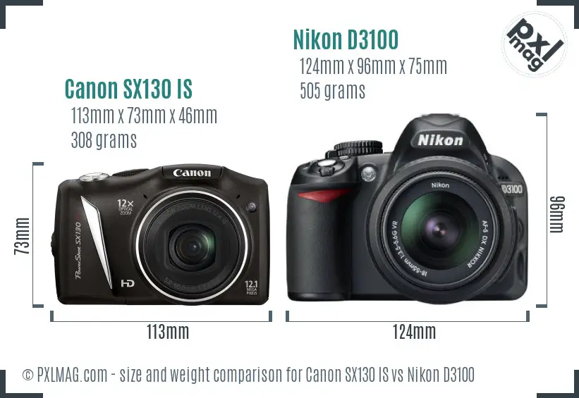 Canon SX130 IS vs Nikon D3100 size comparison