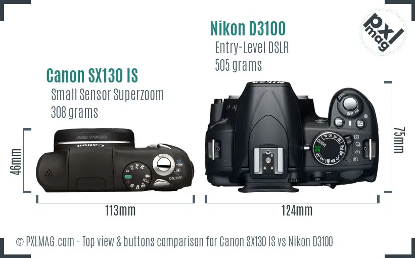 Canon SX130 IS vs Nikon D3100 top view buttons comparison