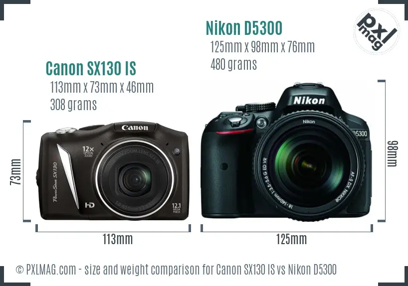 Canon SX130 IS vs Nikon D5300 size comparison