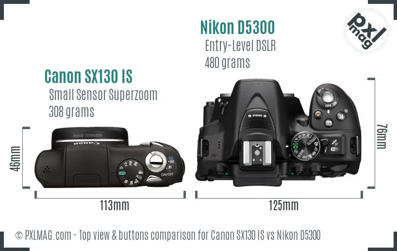 Canon SX130 IS vs Nikon D5300 top view buttons comparison