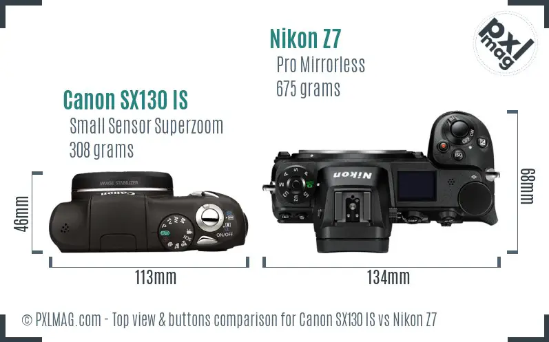 Canon SX130 IS vs Nikon Z7 top view buttons comparison