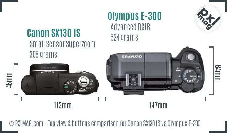 Canon SX130 IS vs Olympus E-300 top view buttons comparison