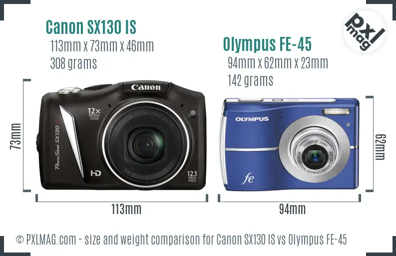 Canon SX130 IS vs Olympus FE-45 size comparison