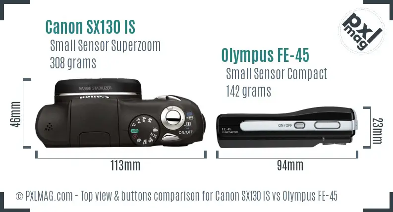 Canon SX130 IS vs Olympus FE-45 top view buttons comparison