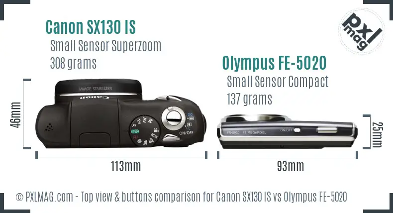 Canon SX130 IS vs Olympus FE-5020 top view buttons comparison