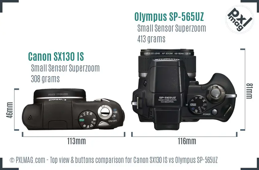 Canon SX130 IS vs Olympus SP-565UZ top view buttons comparison