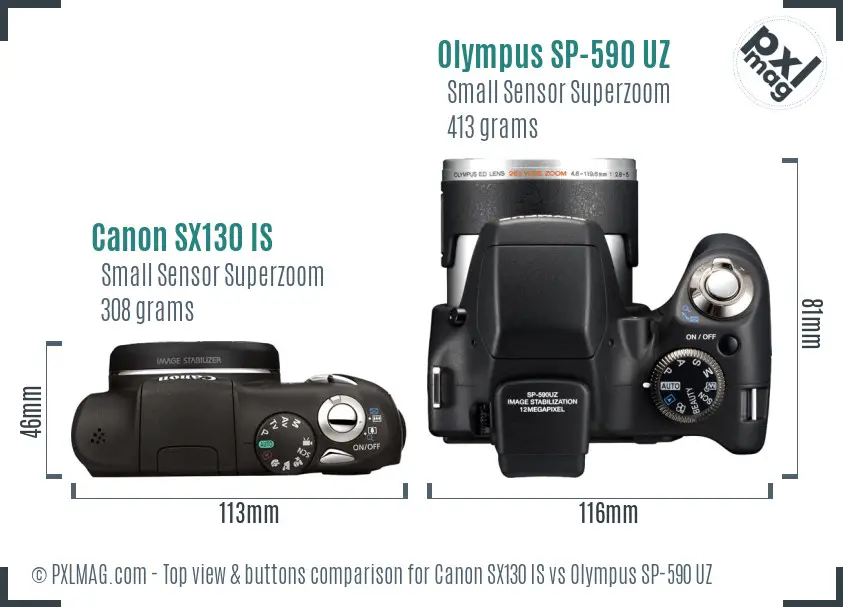 Canon SX130 IS vs Olympus SP-590 UZ top view buttons comparison