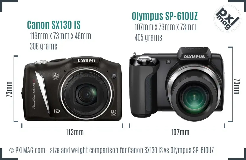 Canon SX130 IS vs Olympus SP-610UZ size comparison Canon SX130 IS vs Olympus SP-610UZ size comparison
