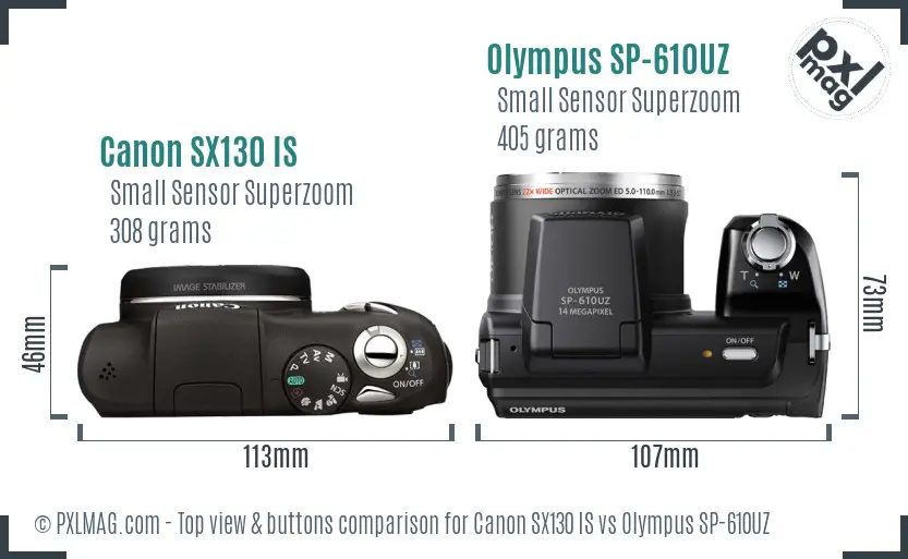 Canon SX130 IS vs Olympus SP-610UZ top view buttons comparison Canon SX130 IS vs Olympus SP-610UZ top view buttons comparison