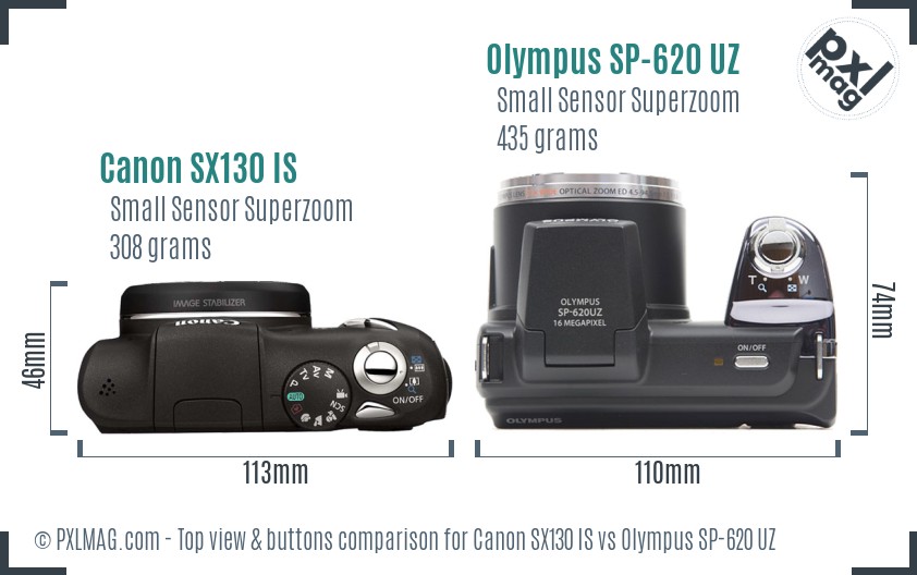 Canon SX130 IS vs Olympus SP-620 UZ top view buttons comparison
