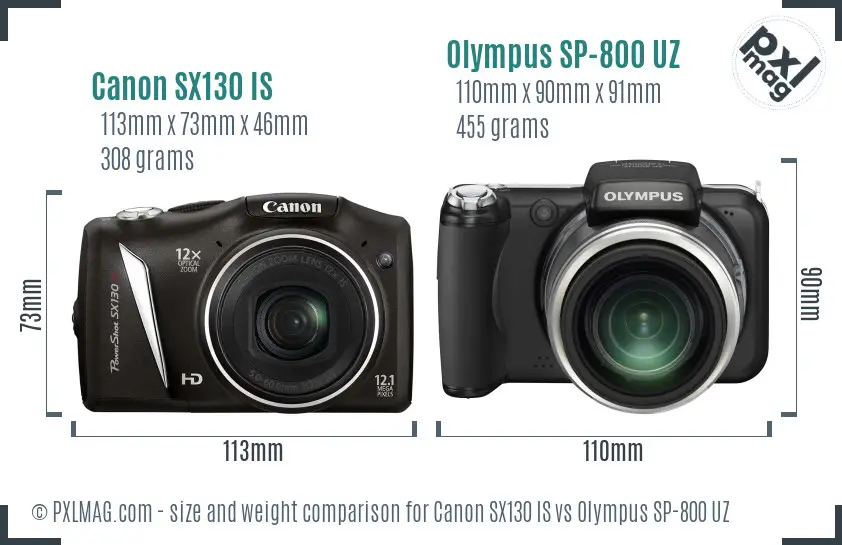 Canon SX130 IS vs Olympus SP-800 UZ size comparison Canon SX130 IS vs Olympus SP-800 UZ size comparison