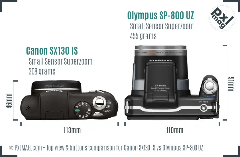 Canon SX130 IS vs Olympus SP-800 UZ top view buttons comparison Canon SX130 IS vs Olympus SP-800 UZ top view buttons comparison