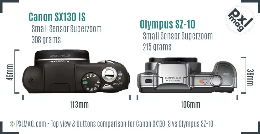 Canon SX130 IS vs Olympus SZ-10 top view buttons comparison Canon SX130 IS vs Olympus SZ-10 top view buttons comparison