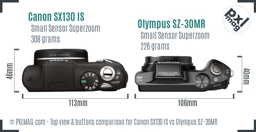 Canon SX130 IS vs Olympus SZ-30MR top view buttons comparison