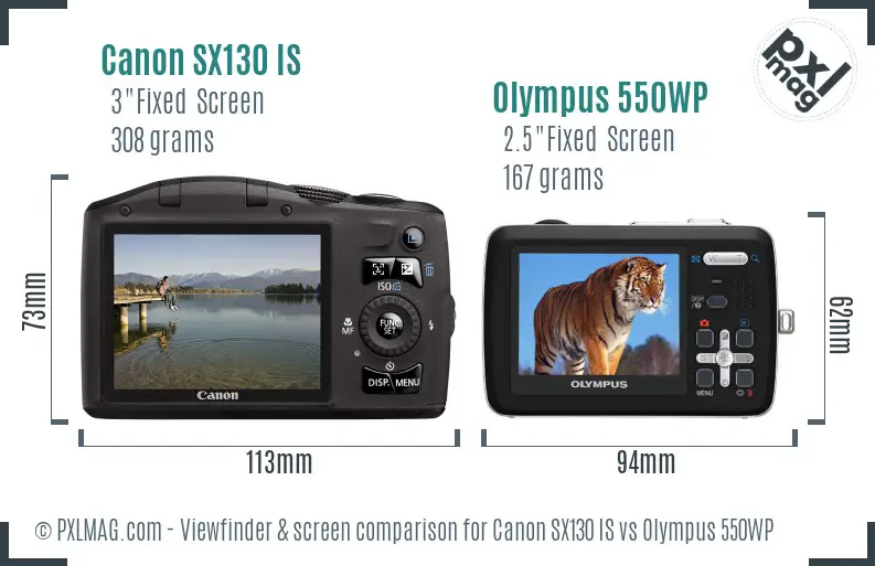 Canon SX130 IS vs Olympus 550WP Screen and Viewfinder comparison