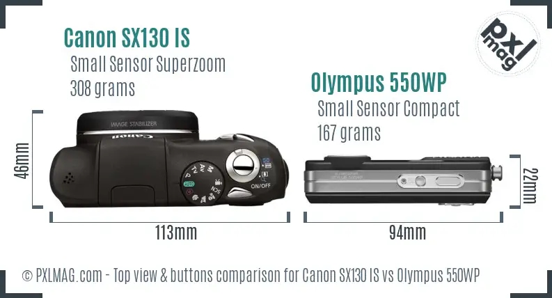 Canon SX130 IS vs Olympus 550WP top view buttons comparison