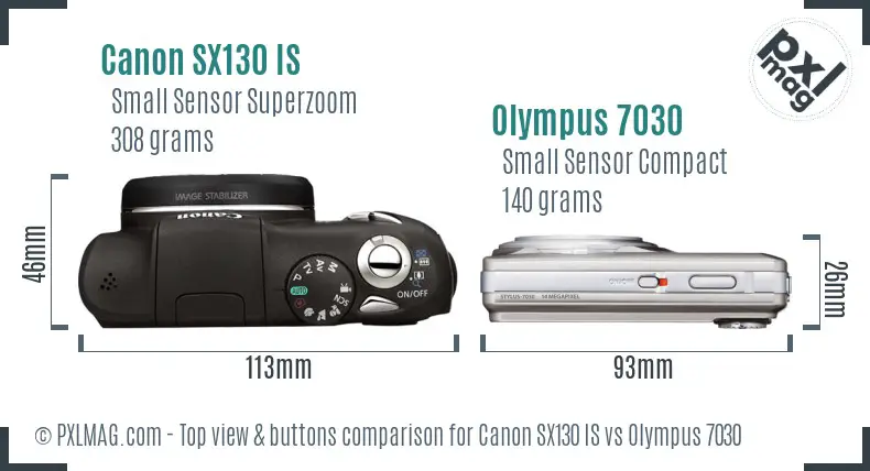 Canon SX130 IS vs Olympus 7030 top view buttons comparison Canon SX130 IS vs Olympus 7030 top view buttons comparison