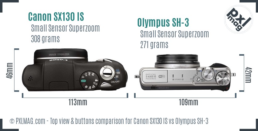 Canon SX130 IS vs Olympus SH-3 top view buttons comparison