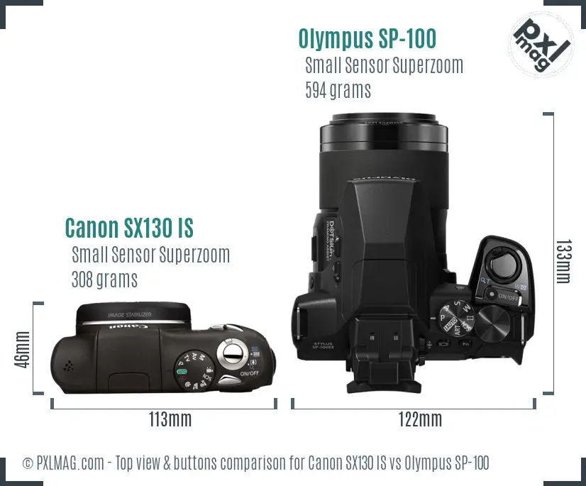 Canon SX130 IS vs Olympus SP-100 top view buttons comparison Canon SX130 IS vs Olympus SP-100 top view buttons comparison