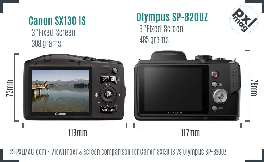 Canon SX130 IS vs Olympus SP-820UZ Screen and Viewfinder comparison