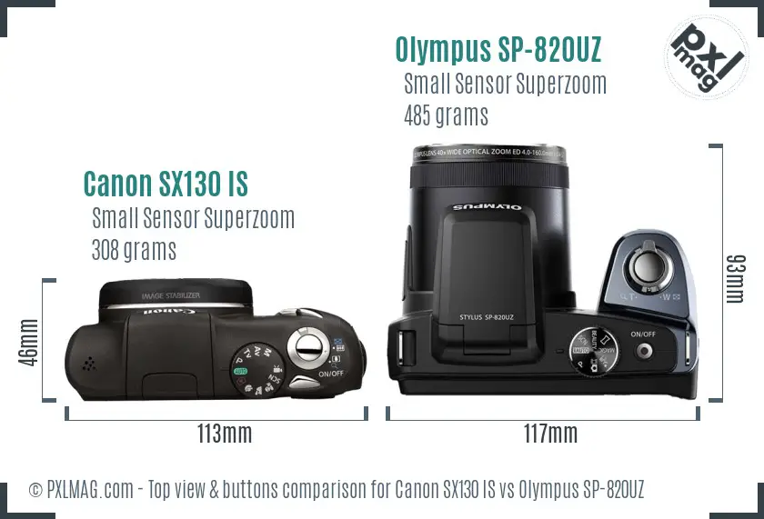 Canon SX130 IS vs Olympus SP-820UZ top view buttons comparison