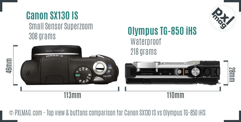Canon SX130 IS vs Olympus TG-850 iHS top view buttons comparison Canon SX130 IS vs Olympus TG-850 iHS top view buttons comparison