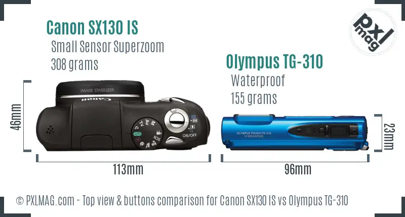 Canon SX130 IS vs Olympus TG-310 top view buttons comparison Canon SX130 IS vs Olympus TG-310 top view buttons comparison