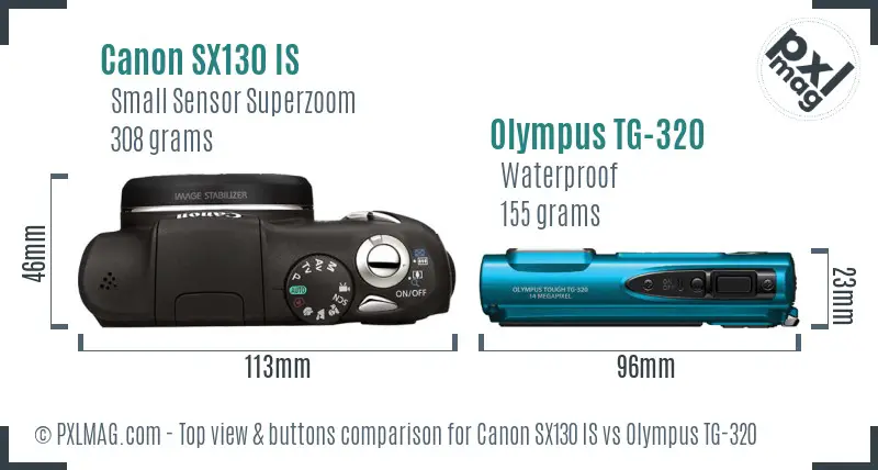 Canon SX130 IS vs Olympus TG-320 top view buttons comparison