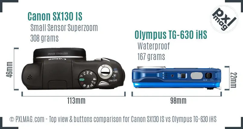 Canon SX130 IS vs Olympus TG-630 iHS top view buttons comparison