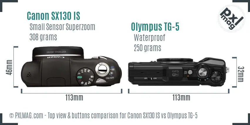 Canon SX130 IS vs Olympus TG-5 top view buttons comparison Canon SX130 IS vs Olympus TG-5 top view buttons comparison