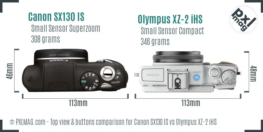 Canon SX130 IS vs Olympus XZ-2 iHS top view buttons comparison Canon SX130 IS vs Olympus XZ-2 iHS top view buttons comparison