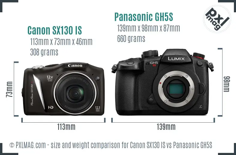 Canon SX130 IS vs Panasonic GH5S size comparison