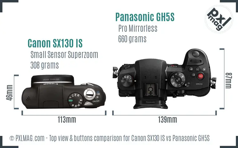 Canon SX130 IS vs Panasonic GH5S top view buttons comparison