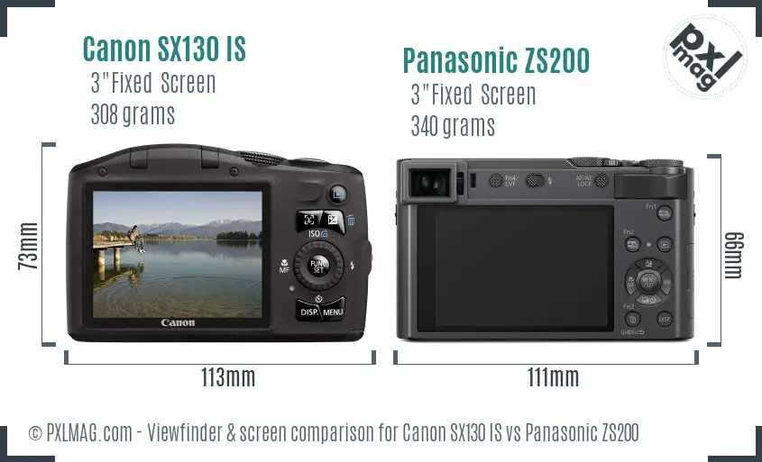 Canon SX130 IS vs Panasonic ZS200 Screen and Viewfinder comparison