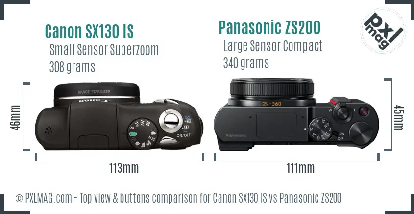 Canon SX130 IS vs Panasonic ZS200 top view buttons comparison