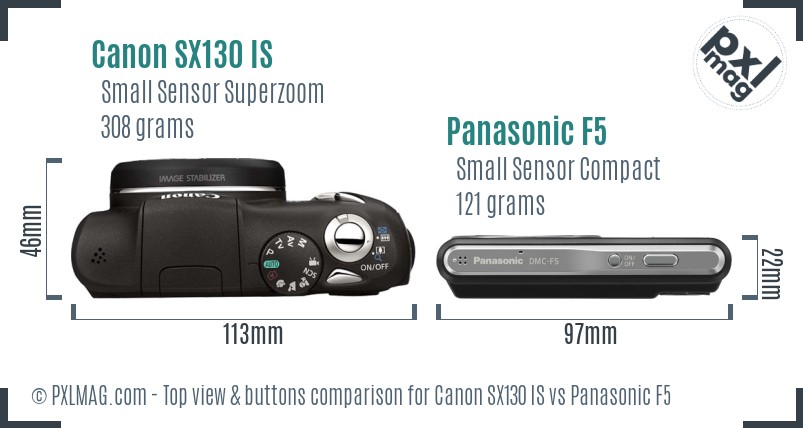 Canon SX130 IS vs Panasonic F5 top view buttons comparison