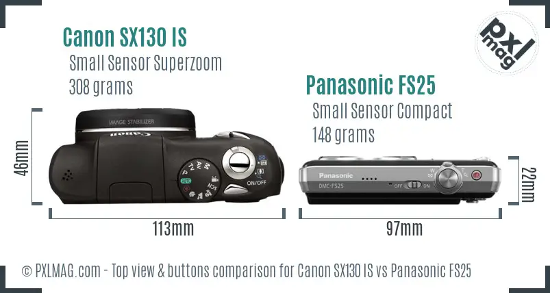 Canon SX130 IS vs Panasonic FS25 top view buttons comparison
