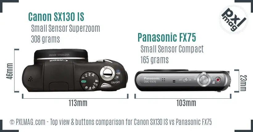 Canon SX130 IS vs Panasonic FX75 top view buttons comparison Canon SX130 IS vs Panasonic FX75 top view buttons comparison