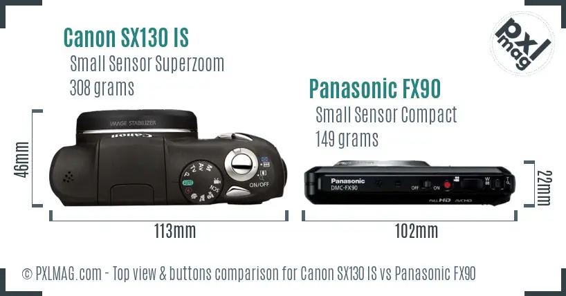 Canon SX130 IS vs Panasonic FX90 top view buttons comparison