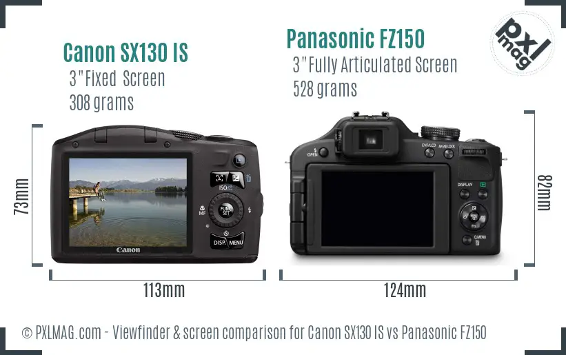 Canon SX130 IS vs Panasonic FZ150 Screen and Viewfinder comparison
