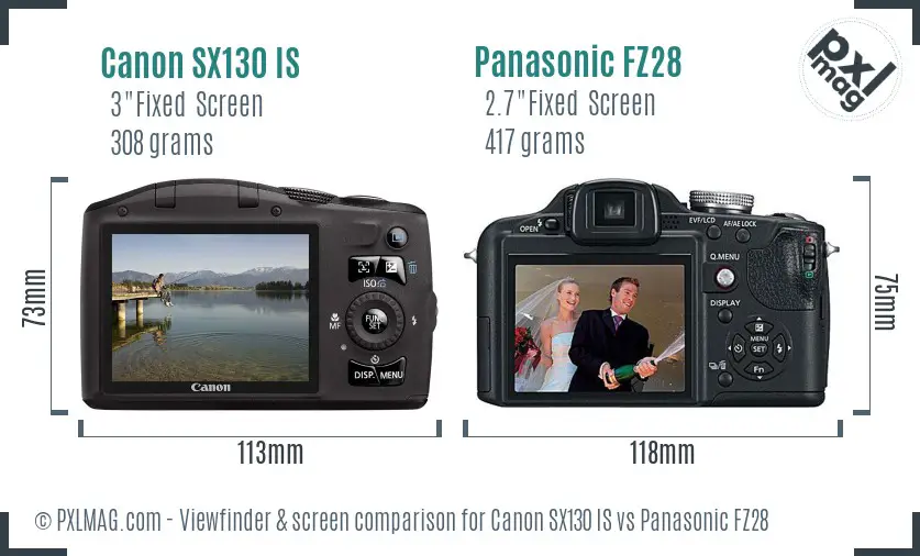 Canon SX130 IS vs Panasonic FZ28 Screen and Viewfinder comparison