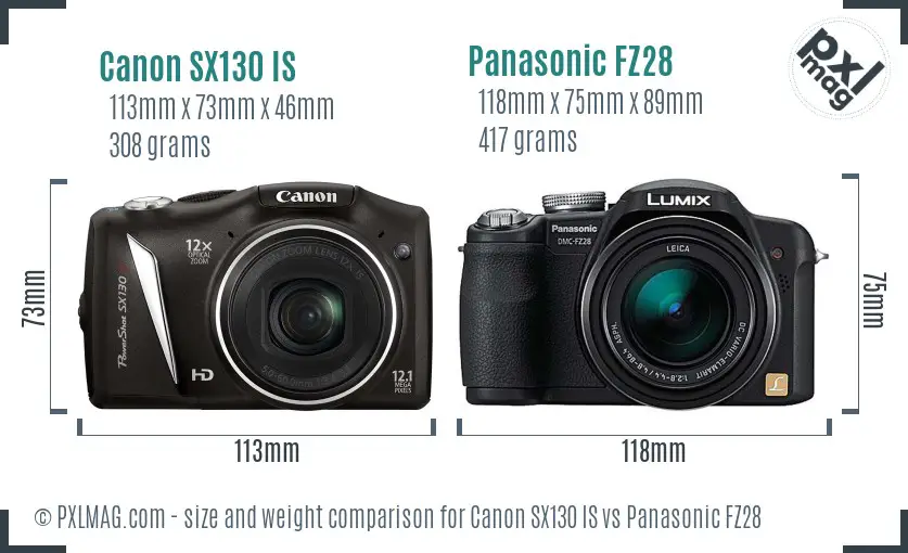 Canon SX130 IS vs Panasonic FZ28 size comparison