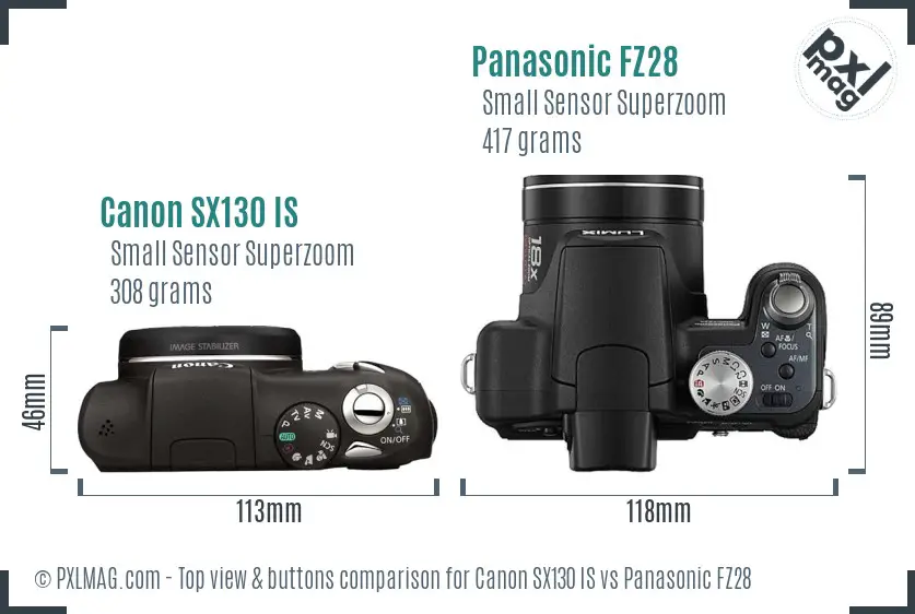 Canon SX130 IS vs Panasonic FZ28 top view buttons comparison