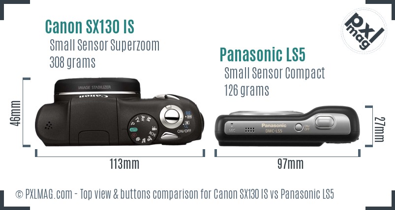 Canon SX130 IS vs Panasonic LS5 top view buttons comparison