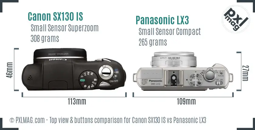 Canon SX130 IS vs Panasonic LX3 top view buttons comparison