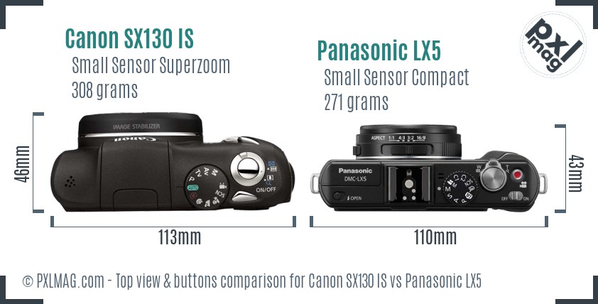 Canon SX130 IS vs Panasonic LX5 top view buttons comparison