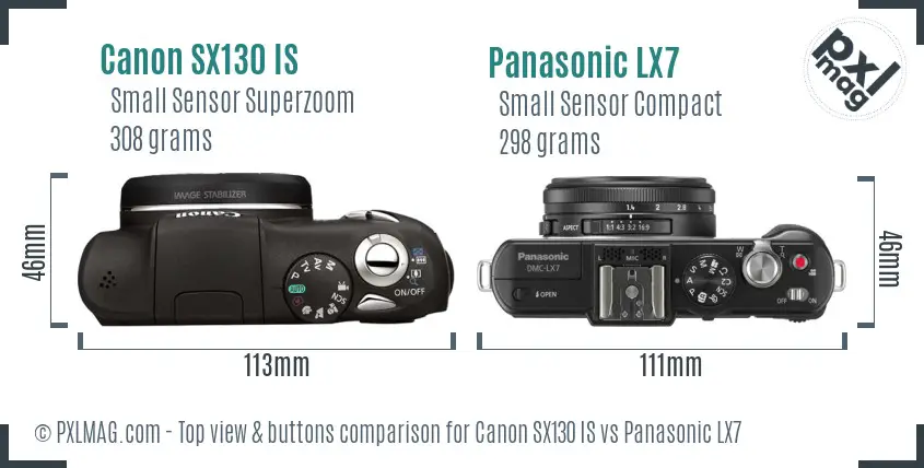 Canon SX130 IS vs Panasonic LX7 top view buttons comparison