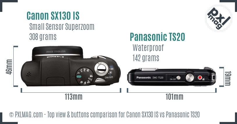 Canon SX130 IS vs Panasonic TS20 top view buttons comparison