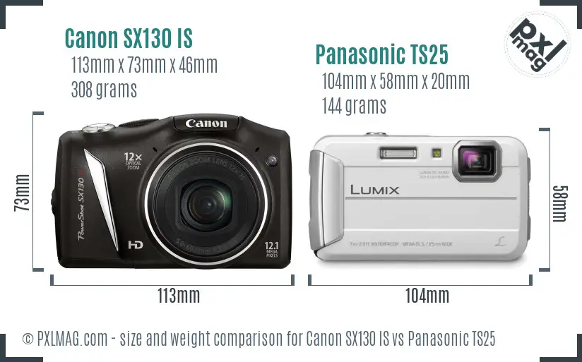 Canon SX130 IS vs Panasonic TS25 size comparison