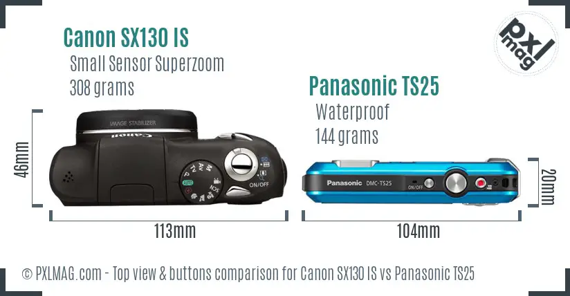 Canon SX130 IS vs Panasonic TS25 top view buttons comparison
